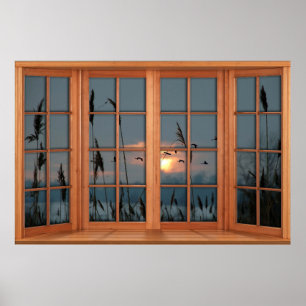 Faux Wooden Bow Window Illusion - Flock of Birds Poster