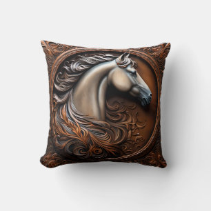 Faux Wooden Carved Horse Throw Pillow