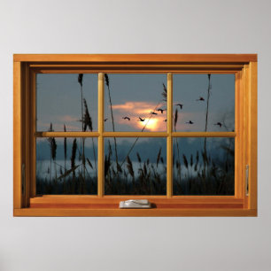 Faux Wooden Window Illusion - Flock of Birds Poster