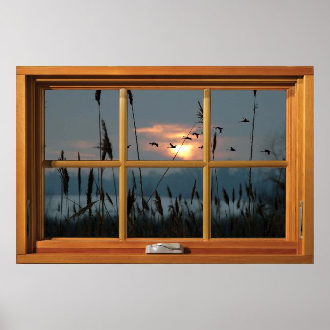 Faux Wooden Window Illusion - Flock of Birds Poster (Front)