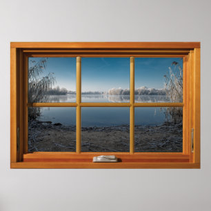 Faux Wooden Window Illusion - Frosty Winter View Poster