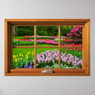 Faux Wooden Window Illusion - Spring Garden Poster