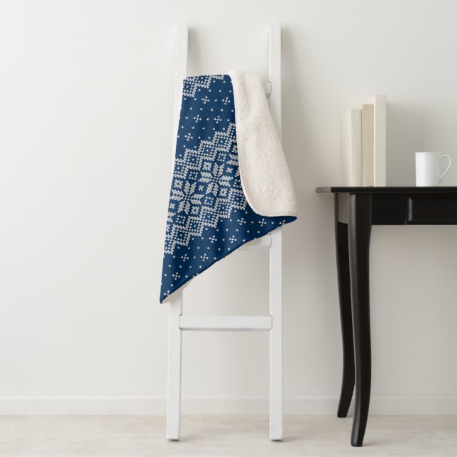 Faux Wool Knitting Pattern Blue and White Sherpa Blanket (In Situ)