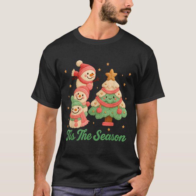 Faux Yarn Crochet Snowman And Christmas Tree  T-Shirt (Front)