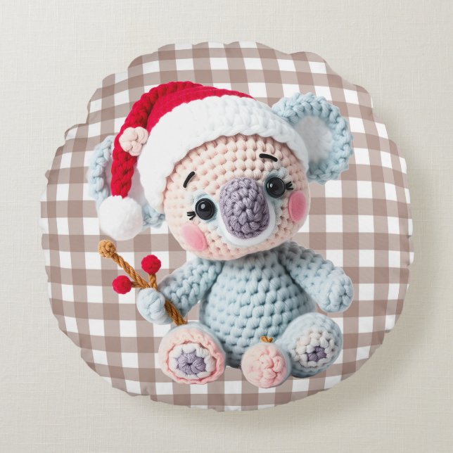 Faux Yarn Notch-Hook Koala Christmas Design Round Cushion (Front)