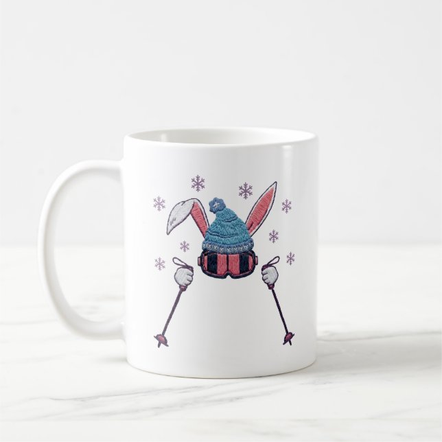 Faux yarn skiing rabbit winter humor coffee mug (Left)