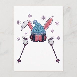 Faux yarn skiing rabbit winter humor postcard