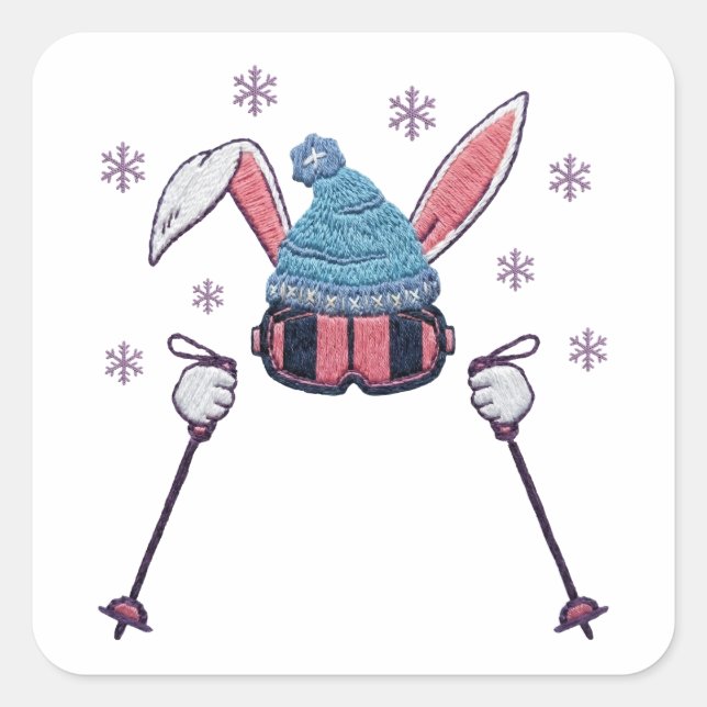 Faux yarn skiing rabbit winter humor square sticker (Front)