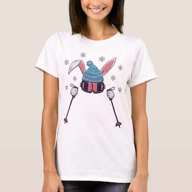 Faux yarn skiing rabbit winter humor T-Shirt (Front)