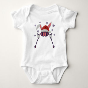 Faux yarn skiing rabbit with Santa hat winter humo Baby Bodysuit