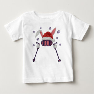 Faux yarn skiing rabbit with Santa hat winter humo Baby T-Shirt