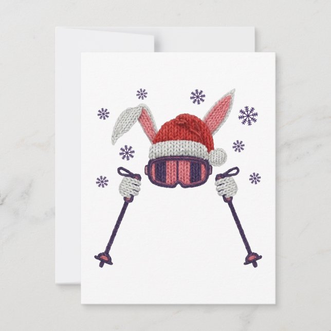 Faux yarn skiing rabbit with Santa hat winter humo Card (Front)