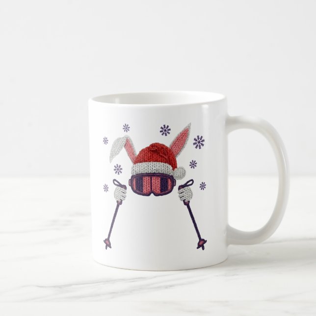 Faux yarn skiing rabbit with Santa hat winter humo Coffee Mug (Right)