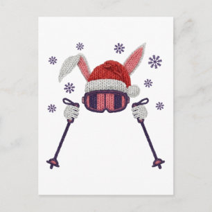 Faux yarn skiing rabbit with Santa hat winter humo Postcard