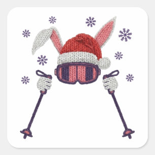 Faux yarn skiing rabbit with Santa hat winter humo Square Sticker