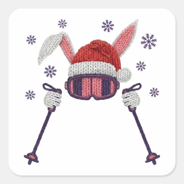 Faux yarn skiing rabbit with Santa hat winter humo Square Sticker (Front)