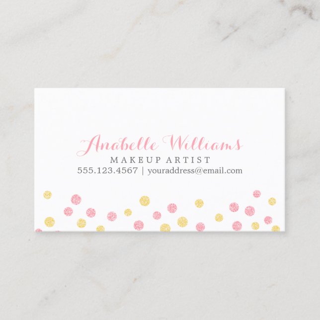 Faux Yellow and Pink Glitter Confetti Dots Business Card (Front)