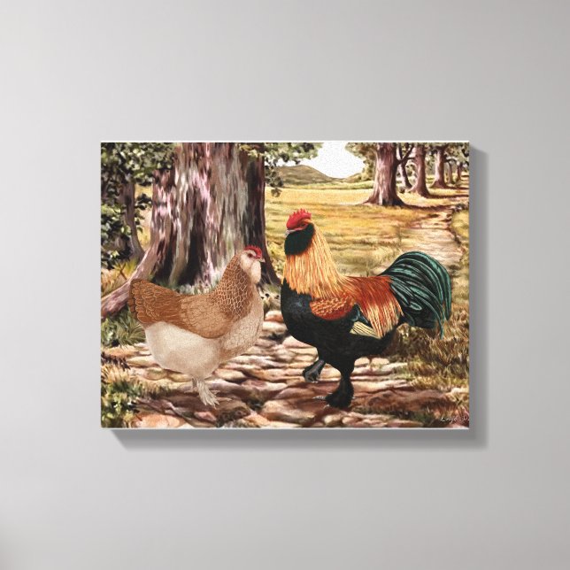 Faverolle Salmon Rooster and Hen in Wooded Setting Canvas Print (Front)