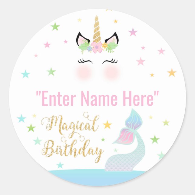 FAVOR STICKER | mermaid tail and unicorn birthday (Front)