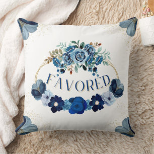 FAVORED Elegant Blue Gold Floral Wreath  Cushion