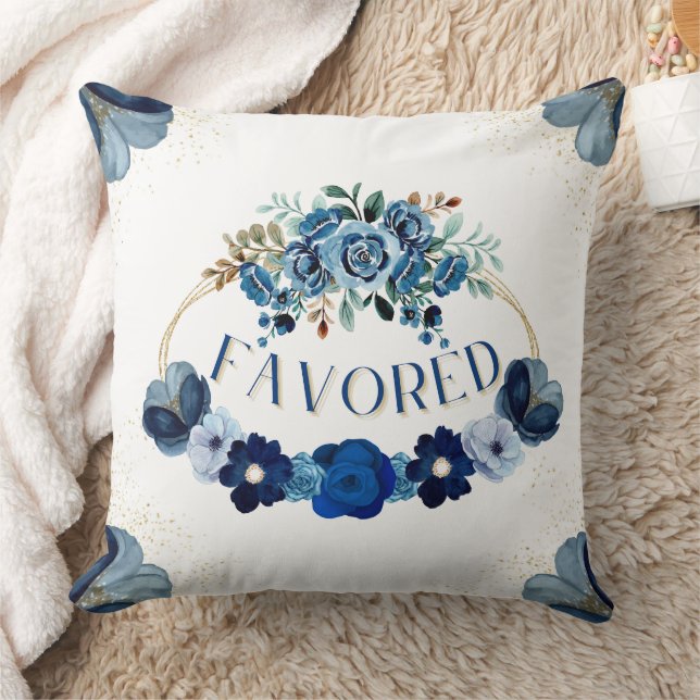 FAVORED Elegant Blue Gold Floral Wreath  Cushion (Blanket)