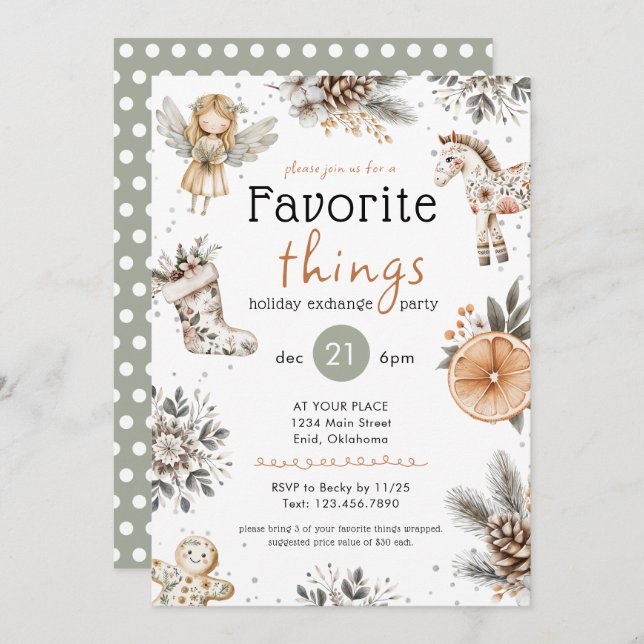 Favorite Things Boho Gift Exchange Holiday Party Invitation (Front/Back)