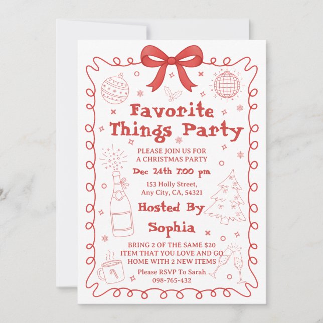 Favorite Things Party Red Pink Bow Christmas Holiday Card (Front)
