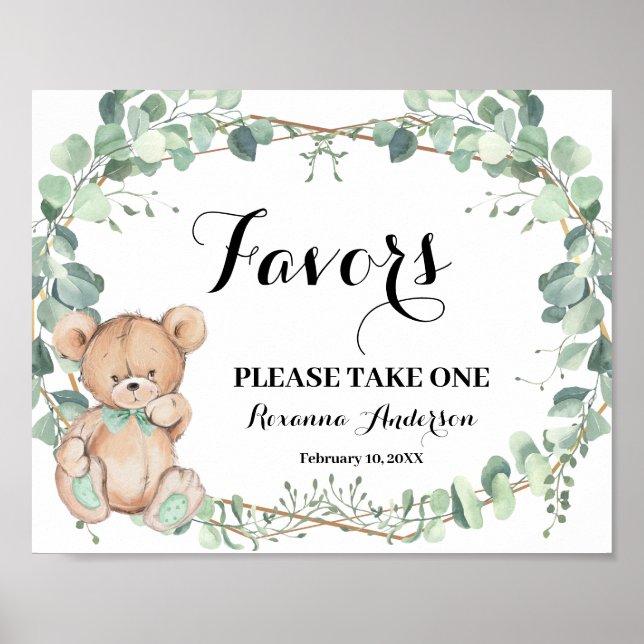 Favors Baby Shower Bear Greenery Gold Sign (Front)