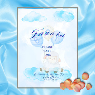 Favors Blue Little Lamb In a Hot Air Balloon Pedestal Sign