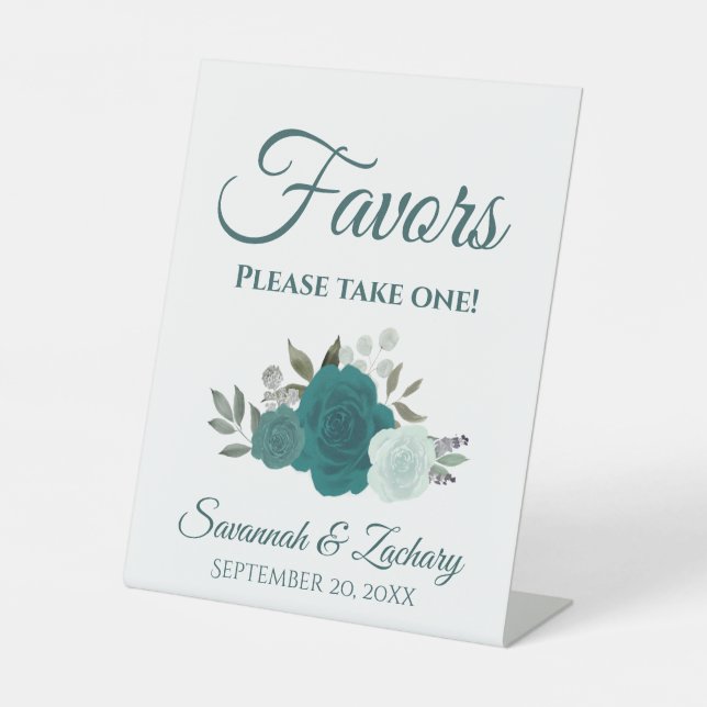 Favors Take One Teal Aqua Turquoise Roses Wedding Pedestal Sign (Front)