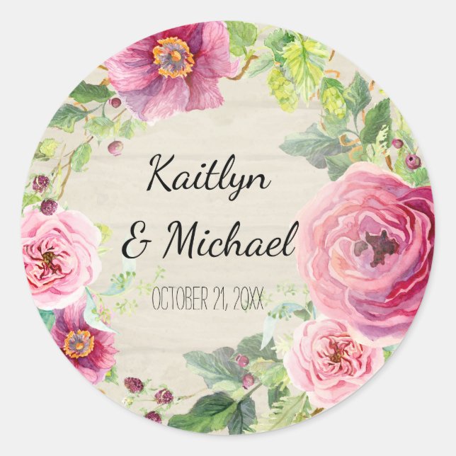 Favour Gift Bag Stickers Rustic Wood Floral Wreath (Front)