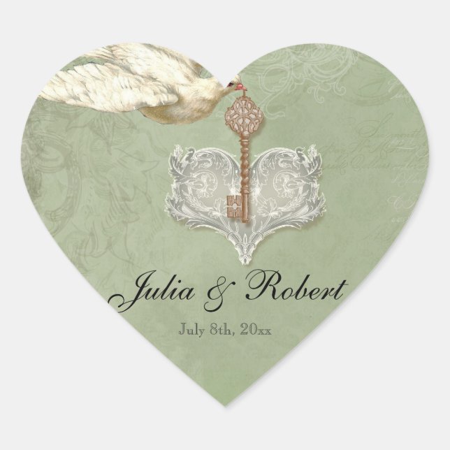 Favour Gift Sticker - Key to my Heart, Doves Swirl (Front)