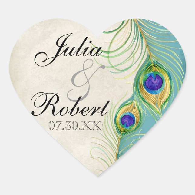 Favour Gift Sticker - Peacock Feathers Wedding Sea (Front)