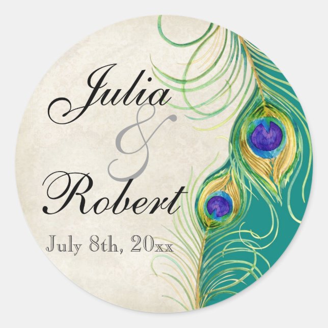 Favour Gift Sticker - Peacock Feathers Wedding Sea (Front)