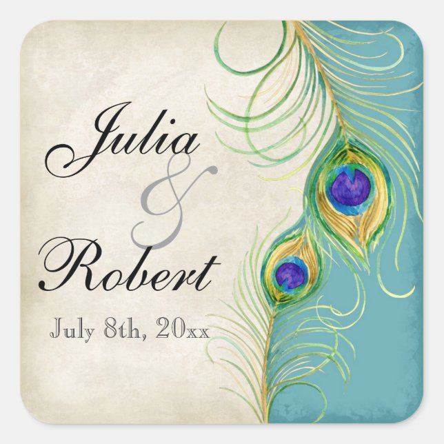 Favour Gift Sticker - Peacock Feathers Wedding Sea (Front)