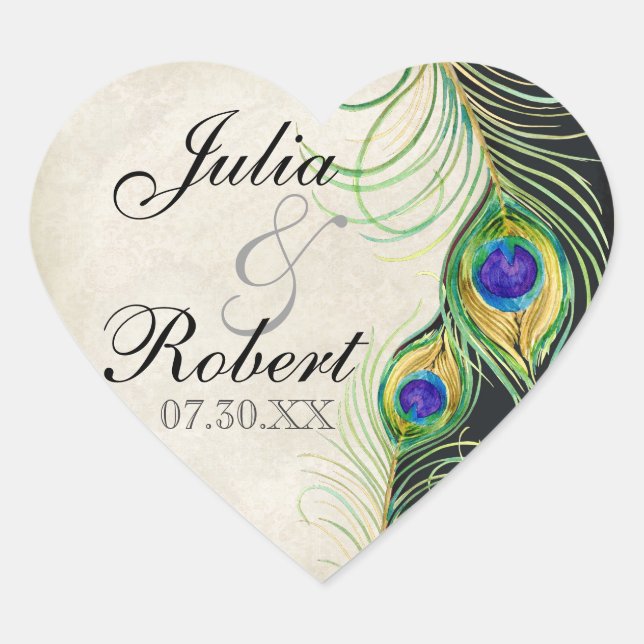 Favour Gift Sticker - Peacock Feathers Wedding Sea (Front)