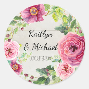 Favour Rose Peony Rustic Grey Wood Floral Wreath Classic Round Sticker