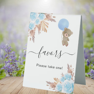 Favour sign baby shower pampas blue teddy bear