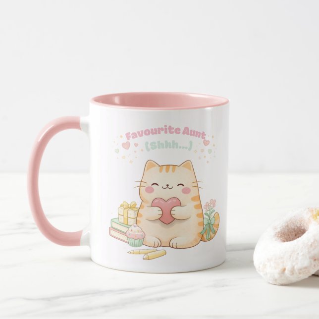 Favourite Aunt Cute Kawaii Kitty Cat Sweet Pink Mug (With Donut)