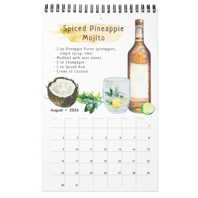 Favourite Cocktail Recipes | Watercolor Illustrate Calendar (Aug 2026)