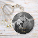 Favourite Family Black and White Photo Gold Script Key Ring<br><div class="desc">Personalise with your favourite family photo featuring your family name,  creating a unique memory and gift. A lovely keepsake to treasure! Designed by Thisisnotme©</div>