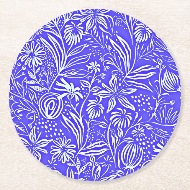 Favourite Floral Pattern, Periwinkle Blue, Round Paper Coaster (Front)