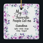 Favourite People Call Me Grandma | Grandkids Name Ceramic Ornament<br><div class="desc">What a delightful and personalised gift! This Ceramic Ornament features a beautiful purple floral design, accompanied by the grandkids' names. The Ceramic Ornament is perfect for Grandma to wear while cooking up a storm in the kitchen, and the personalised touch will make her feel loved and cherished. making it a...</div>