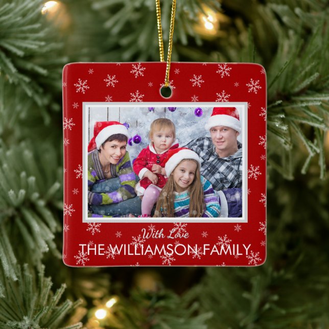 Favourite Photo on Christmas Red with Snowflakes Ceramic Ornament (Tree)