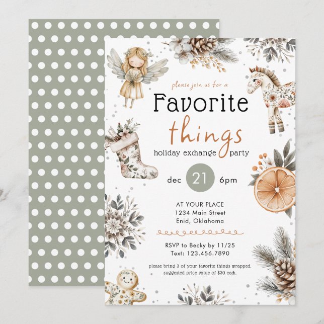 Favourite Things Boho Gift Exchange Holiday Party Invitation (Front/Back)