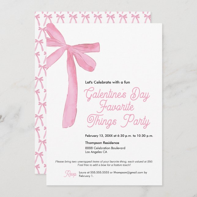 Favourite things Galentine's Party Pink Bow Theme Invitation (Front/Back)