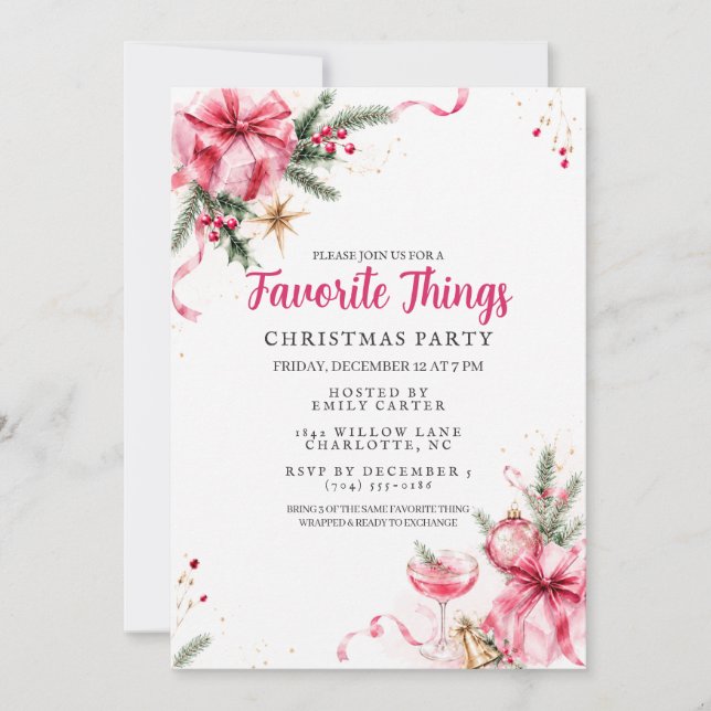 Favourite Things Gift Exchange Pink Christmas Part Invitation (Front)