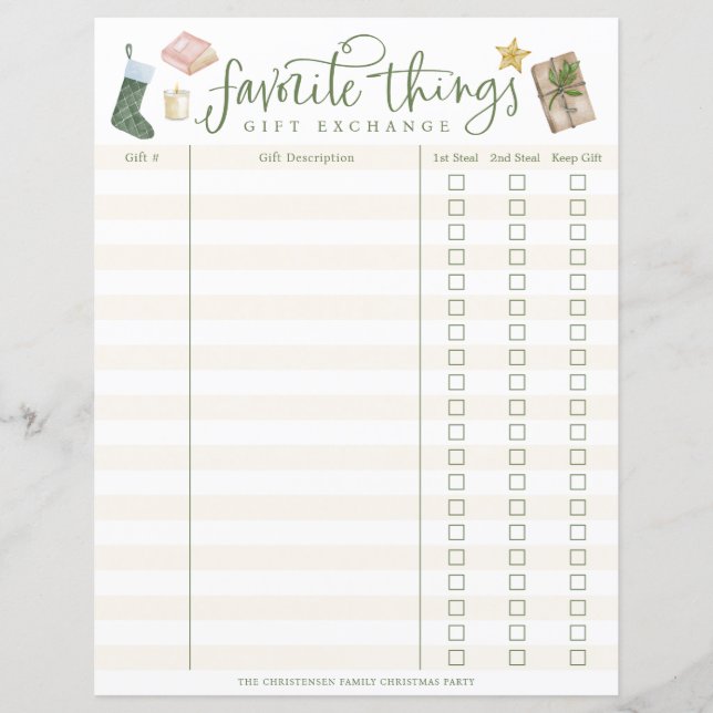 Favourite Things Gift Exchange Tracker (Front)