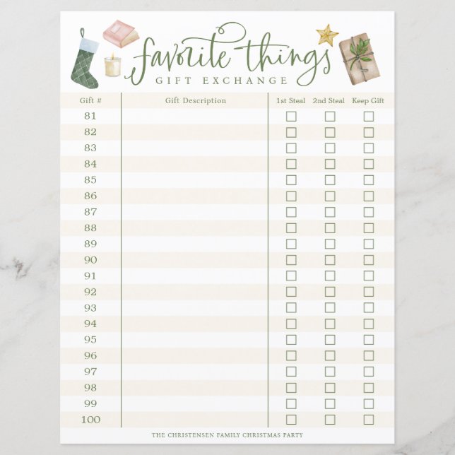 Favourite Things Gift Exchange Tracker #81-100 (Front)