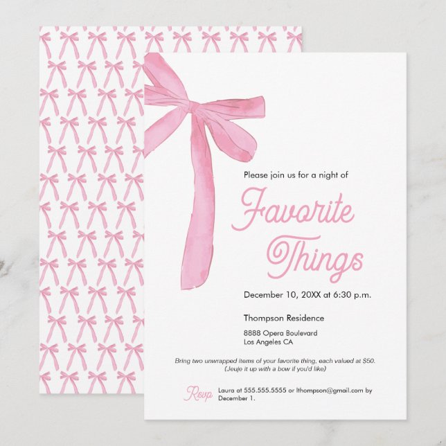Favourite things Party Cute Pink Bow Invitation (Front/Back)